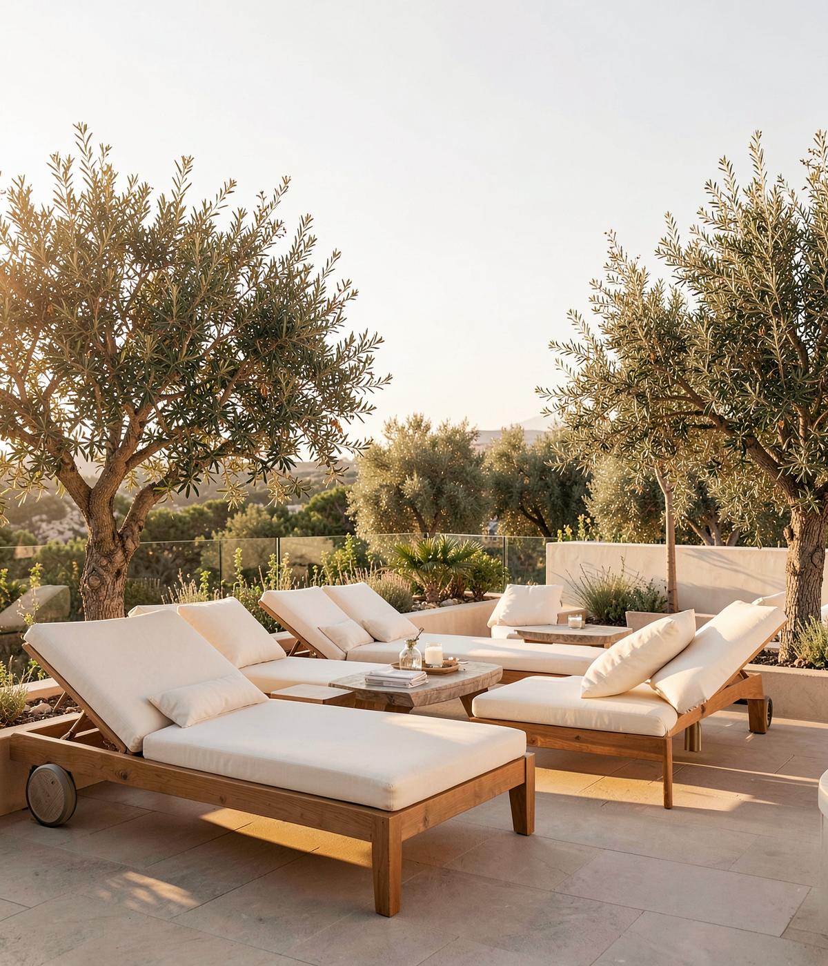 Sunlit luxury hotel terrace with olive trees