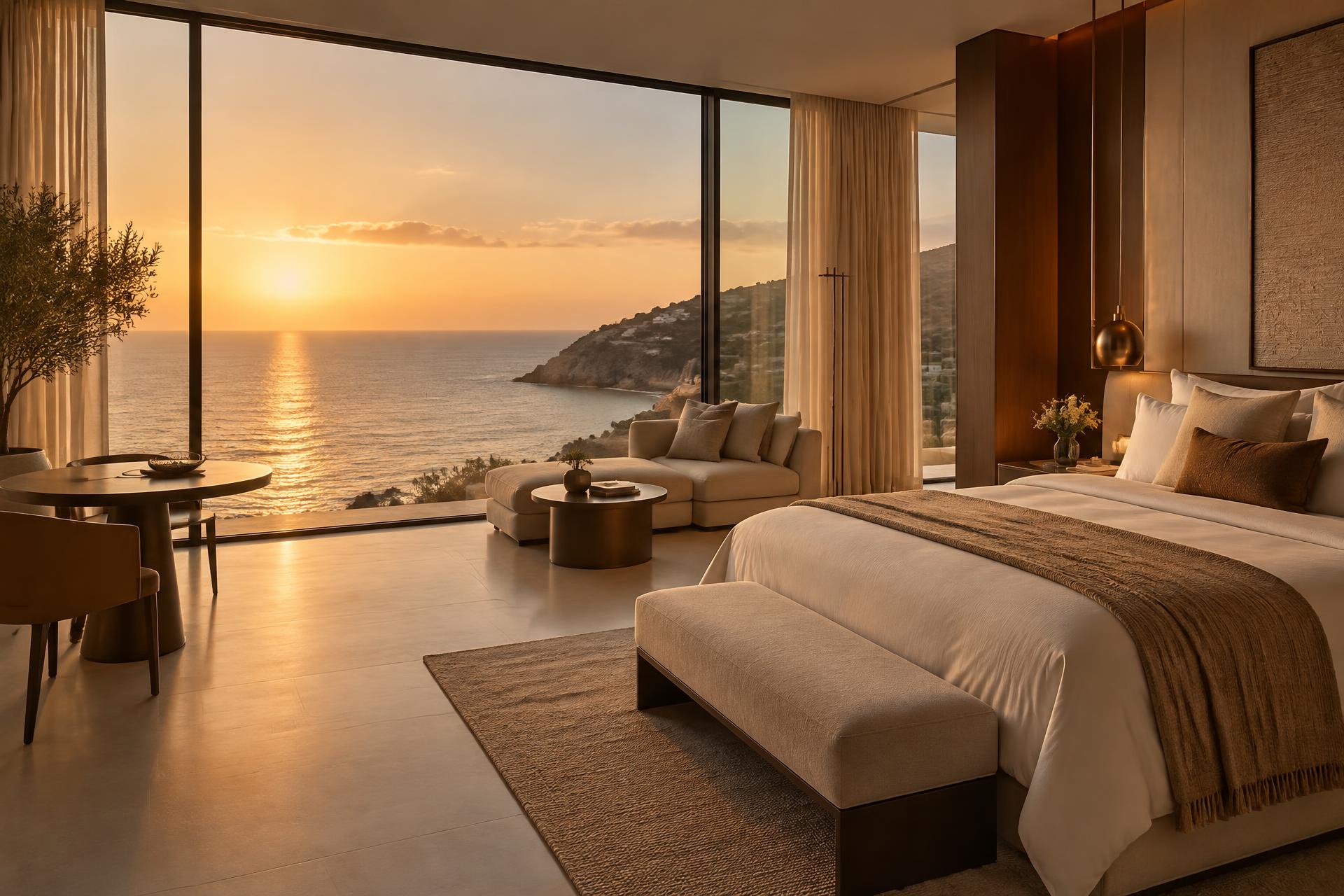 Luxury hotel suite overlooking the ocean at sunset